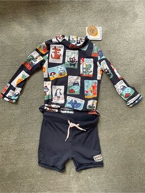 Boys matching swim trunks and rash guard top NWT
